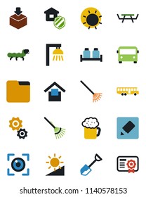 Color and black flat icon set - airport bus vector, shovel, rake, sun, caterpillar, picnic table, warehouse storage, package, folder, notes, brightness, estate insurance, beer, salt and pepper, gear