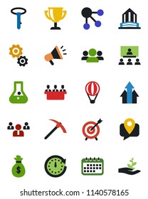 Color and black flat icon set - team vector, mobile tracking, meeting, hierarchy, target, group, arrow up graph, gear, money bag, clock, calendar, flask, social media, advertising, award cup, tie