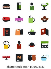 Color and black flat icon set - hot cup vector, waiter, restaurant table, wine card, menu, reserved, drink, cocktail, beer, salad, salt and pepper, dress code, alcove, steak, hamburger, steaming pan