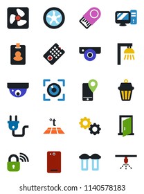 Color and black flat icon set - mobile tracking vector, phone back, power plug, fan, wireless lock, remote control, web camera, pc, gear, water filter, warm floor, outdoor lamp, eye scan, door