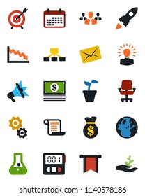 Color and black flat icon set - seedling vector, stopwatch, target, group, gear, shining head, rocket, money bag, pennon, earth, crisis, office chair, calendar, flask, cash, hierarchy, mail