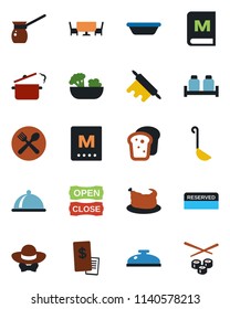 Color and black flat icon set - dish vector, cafe, menu, reserved, reception, salad, salt and pepper, bread, table, dress code, open close, restaurant receipt, chicken, ladle, bowl, rolling pin