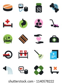 Color and black flat icon set - rake vector, watering, lawn mower, doctor case, diagnosis, blood pressure, test vial, pills, bottle, blister, patch, tomography, hospital bed, heart hand, stomach
