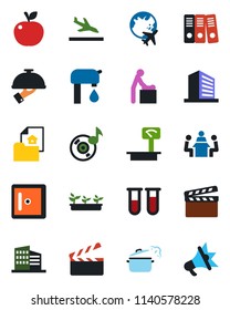 Color and black flat icon set - arrival vector, baby room, plane globe, checkroom, office building, seedling, blood test vial, heavy scales, clapboard, music, paper binder, meeting, water supply