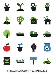 Color and black flat icon set - flower in pot vector, seedling, tree, sproute, plant label, fertilizer, fruit, salad, apple, eco house, palm