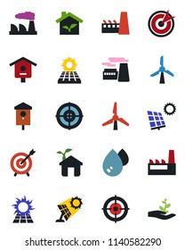 Color and black flat icon set - factory vector, bird house, target, sun panel, windmill, eco, water, palm sproute