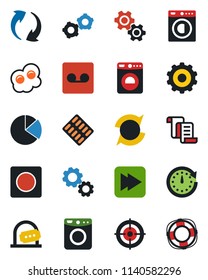 Color and black flat icon set - ticket office vector, washer, gear, contract, pills blister, fast forward, update, record, pie graph, target, omelette, clock, crisis management