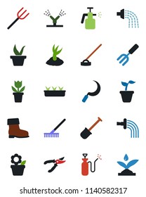 Color and black flat icon set - flower in pot vector, garden fork, shovel, farm, rake, seedling, watering, sproute, pruner, boot, hoe, sickle, sprayer, irrigation