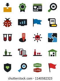 Color and black flat icon set - contract vector, statistic monitor, lady bug, plant label, blood test vial, heart diagnostic, shield, medical calendar, warehouse, package, search cargo, application