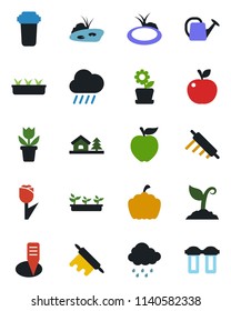 Color and black flat icon set - flower in pot vector, watering can, sproute, seedling, rain, plant label, pumpkin, pond, tulip, house with tree, rolling pin, apple fruit, water filter