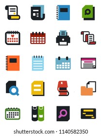 Color and black flat icon set - contract vector, book, document search, notepad, calendar, medical, folder, news, copybook, printer, schedule