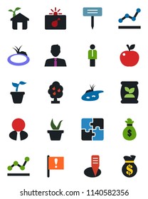Color and black flat icon set - bomb in case vector, manager, seedling, plant label, pond, fertilizer, important flag, application, point graph, fruit tree, estate agent, apple, eco house, money bag