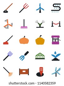 Color and black flat icon set - fence vector, garden fork, farm, rake, well, hoe, plant label, pumpkin, greenhouse, drip irrigation, windmill