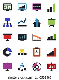 Color and black flat icon set - growth statistic vector, presentation board, monitor, circle chart, pulse, clipboard, statistics, bar graph, point, hierarchy, arrow up, crisis