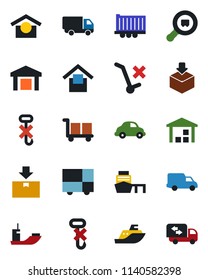 Color and black flat icon set - sea shipping vector, truck trailer, car delivery, port, consolidated cargo, warehouse storage, no trolley, hook, package, search, moving