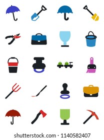 Color and black flat icon set - umbrella vector, stamp, baggage larry, job, shovel, farm fork, bucket, pruner, axe, scalpel, fragile, themes, case, hard work