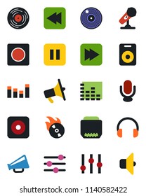 Color and black flat icon set - vinyl vector, flame disk, microphone, loudspeaker, settings, equalizer, headphones, speaker, pause button, fast forward, rewind, rec, hdmi, tuning, record, sound