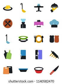 Color and black flat icon set - fridge vector, cook, restaurant table, serviette, cafe, hat, plates, waiter, salt and pepper, ladle, bowl, rolling pin, cutting board, knife
