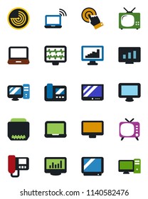 Color and black flat icon set - wireless notebook vector, radar, pc, statistic monitor, pulse, tv, touch screen, laptop, hdmi, statistics, intercome