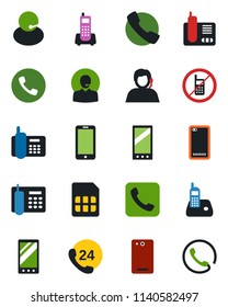 Color and black flat icon set - phone vector, no mobile, office, 24 hours, support, radio, back, call, sim