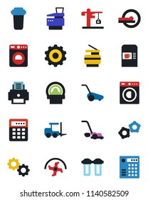 Color and black flat icon set - coffee machine vector, washer, fork loader, gear, ripper, lawn mower, tomography, printer, copier, crane, water filter, combination lock