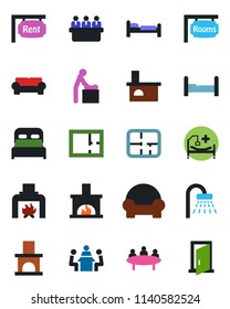 Color and black flat icon set - baby room vector, bed, shower, meeting, fireplace, hospital, plan, rent, rooms, bedroom, cushioned furniture, door