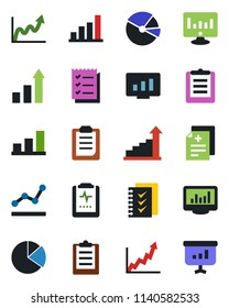 Color and black flat icon set - growth statistic vector, monitor, diagnosis, pulse clipboard, statistics, bar graph, pie, checklist, point, presentation