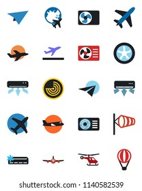 Color and black flat icon set - plane vector, departure, wind, radar, helicopter, globe, air conditioner, fan, paper, balloon