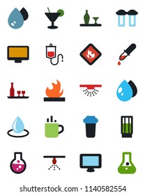 Color and black flat icon set - hot cup vector, water drop, dropper, flammable, monitor, alcohol, drink, cocktail, filter, sprinkler, flask