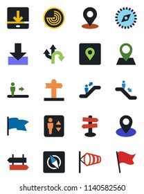Color and black flat icon set - elevator vector, escalator, signpost, wind, radar, route, pin, download, place tag, compass, flag