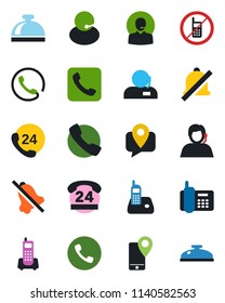 Color and black flat icon set - phone vector, no mobile, reception bell, office, 24 hours, support, tracking, radio, call, mute