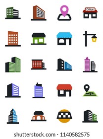Color and black flat icon set - taxi vector, shop, office building, garden light, navigation, store, city house, cafe, storefront