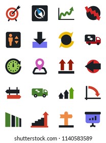 Color and black flat icon set - elevator vector, signpost, left arrow, growth statistic, crisis graph, navigation, up side sign, sorting, download, compass, update, moving, target, clock
