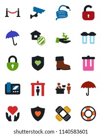 Color and black flat icon set - fence vector, passport control, security gate, umbrella, trash bin, boot, hose, patch, heart shield, hand, lock, estate insurance, intercome, water filter