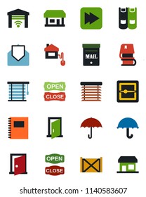 Color and black flat icon set - book vector, store, container, umbrella, mail, fast forward, scanner, copybook, mailbox, open close, home control, jalousie, garage gate, door, storefront