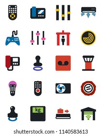 Color and black flat icon set - airport tower vector, baggage conveyor, security gate, stamp, radar, scales, gamepad, settings, remote control, tuning, record, air conditioner, intercome, garage