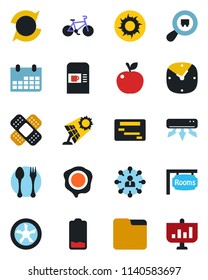 Color and black flat icon set - spoon and fork vector, coffee machine, hierarchy, calendar, stamp, sun, patch, bike, search cargo, low battery, clock, folder, update, rooms, air conditioner, fan
