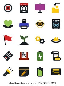 Color and black flat icon set - abacus vector, printer, contract, sproute, heart, notes, torch, eye id, battery, charge, presentation board, target, estate document, washer, serviette, gear, flag
