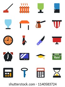 Color and black flat icon set - pennant vector, graduate, presentation board, hoe, garden knife, fragile, tv, calculator, alarm, clock, tie, rent, table, heater, fridge, turkish coffee, sand