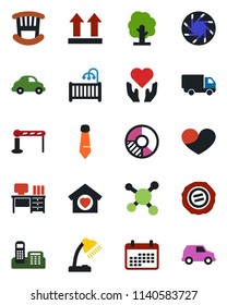 Color and black flat icon set - barrier vector, desk, tie, circle chart, stamp, tree, heart hand, molecule, car delivery, up side sign, mobile camera, office phone, lamp, children room, sweet home