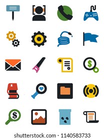 Color and black flat icon set - gear vector, mail, saw, hose, plant label, seeds, heart diagnostic, gamepad, call, gallery, folder, face id, book, wireless, money search, flag, contract