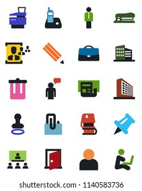 Color and black flat icon set - trash bin vector, stamp, manager, speaking man, office building, radio phone, paper pin, user, case, clip, news, hr, copier, hierarchy, pencil, book, stapler, door