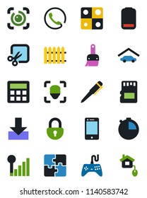 Color and black flat icon set - pen vector, fence, gamepad, cell phone, low battery, themes, calculator, stopwatch, sd, download, cut, lock, face id, eye, cellular signal, application, garage