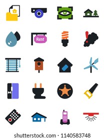 Color and black flat icon set - saw vector, bird house, office phone, with garage, tree, estate document, rent, fridge, smart home, power plug, remote control, web camera, water, smoke detector