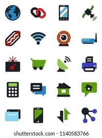 Color and black flat icon set - bomb in case vector, mobile phone, printer, house, earth, satellite antenna, cell, chain, message, data exchange, wireless, calculator, mail, hot dog, router, home