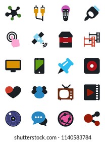 Color and black flat icon set - film frame vector, vinyl, satellite, remote control, network, cell phone, touch screen, dialog, monitor, share, group, heart, paper pin, rec button, rca, hdmi, video