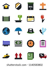 Color and black flat icon set - route vector, signpost, earth, cash, sea shipping, truck trailer, clock, term, receipt, container, clipboard, umbrella, warehouse storage, up side sign, tulip, shield