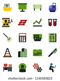 Color and black flat icon set - border cone vector, desk, rake, bench, blood test vial, calendar, presentation board, office building, news, document folder, hr, calculator, support, point graph