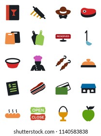 Color and black flat icon set - cook vector, wine card, reserved, reception, bacon, egg stand, bread, cafe building, dress code, open close, credit, restaurant receipt, steak, kebab, ladle, bowl