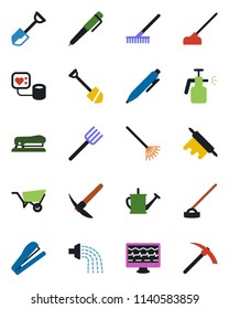 Color and black flat icon set - pen vector, job, shovel, farm fork, rake, watering can, wheelbarrow, hoe, garden sprayer, monitor pulse, blood pressure, stapler, rolling pin, hard work